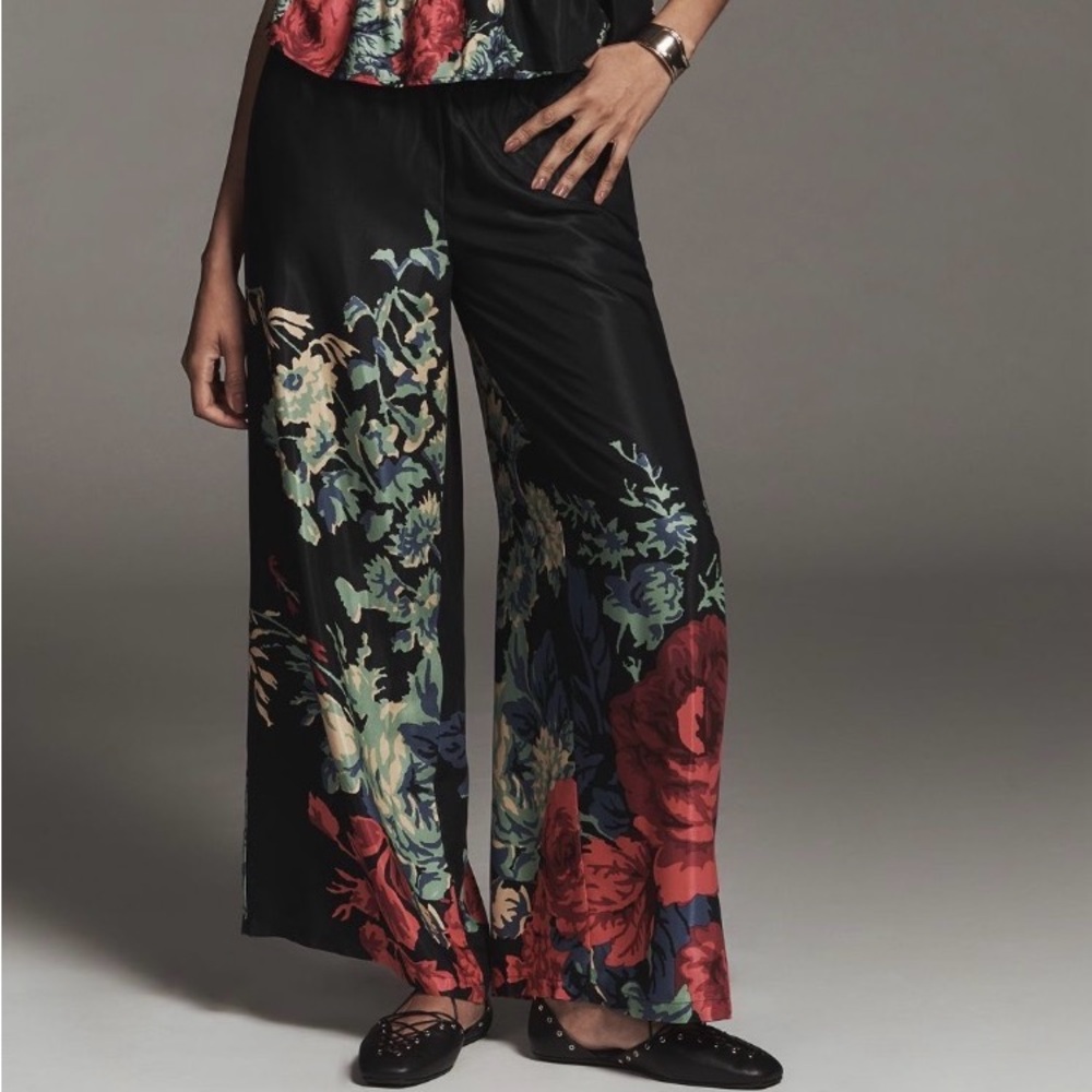 NWT Anthropologie The Somerset Floral Silky Printed Wide Leg Pull On Pants XS